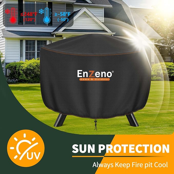 Enzeno Fire Pit Cover Round,37inch Outdoor Round Firepit Cover,Waterproof Oxford Cloth Patio Fire Cover for Outdoor Fire Pit,Fits 34-36 inch Gas Firepit/Bowl(37" Dia X 20" H)