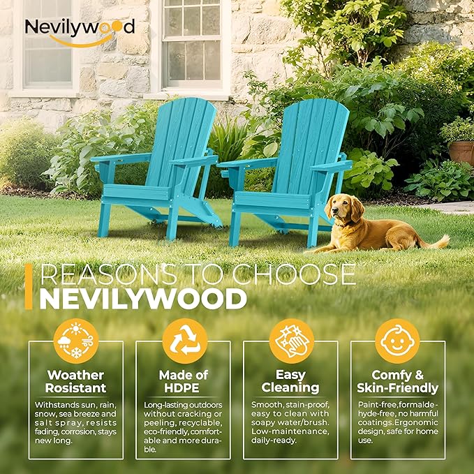nevilywood Folding Adirondack Chair with Cup Holder Set of 4, HDPE Patio Chairs,All-Weather Outdoor Chairs for Backyard, Deck,Fire Pit-Aruba