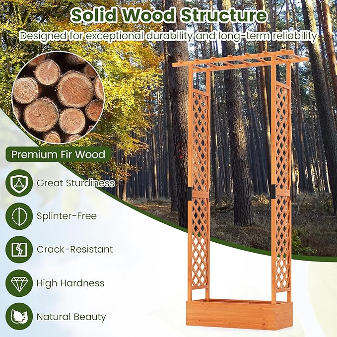 S AFSTAR Raised Garden Bed with Trellis, 2-in-1 Fir Wood Planter Box with Flat Roof & Drainage Holes, Vertical Planter Raised Bed for Climbing Plants, Flowers & Vegetables, 43" x 14" x 89" (Orange)