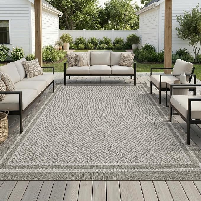 MontVoo-Outdoor Rug-Patio Rug 5x7 Polypropylene Indoor Outdoor Rugs Outdoor Carpet for Patio Deck Balcony Porch, Textured Weave, Durable for High Traffic, Fade-Resistant, Boho Farmhouse Silver Grey