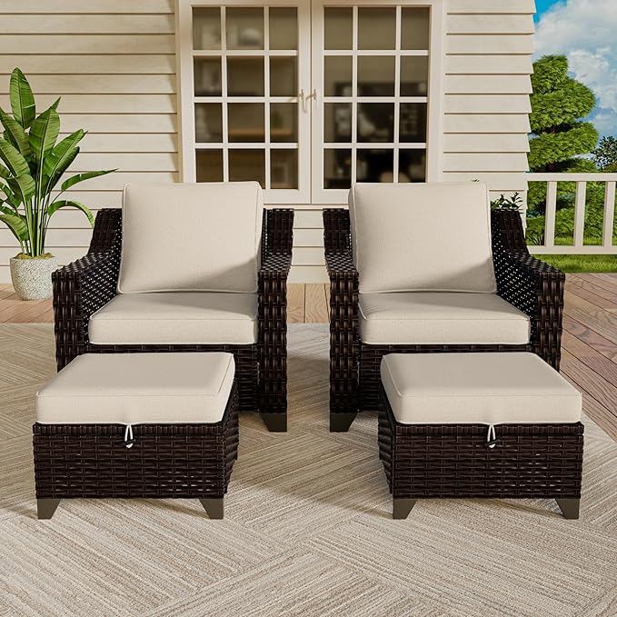 VistaVibe 4 Pieces Outdoor Patio Conversation Furniture Set - 2 Luxurious Armchairs | 2 Wicker Ottomans, Removable Cushions, Hand-Woven PE Rattan, Office, Porch (Brown/Beige)