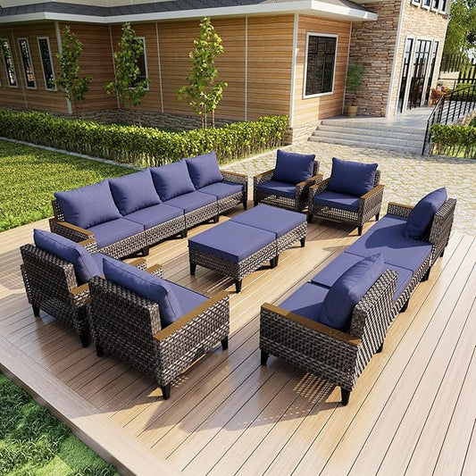 14-Piece Outdoor Patio Furniture Set, Wicker Conversation Set with Armchairs and Ottomans, Rattan Sectional Modular Sofa Couches for Porch, Poolside, Deck, Balcony, Backyard, Yard (Blue Cushions)
