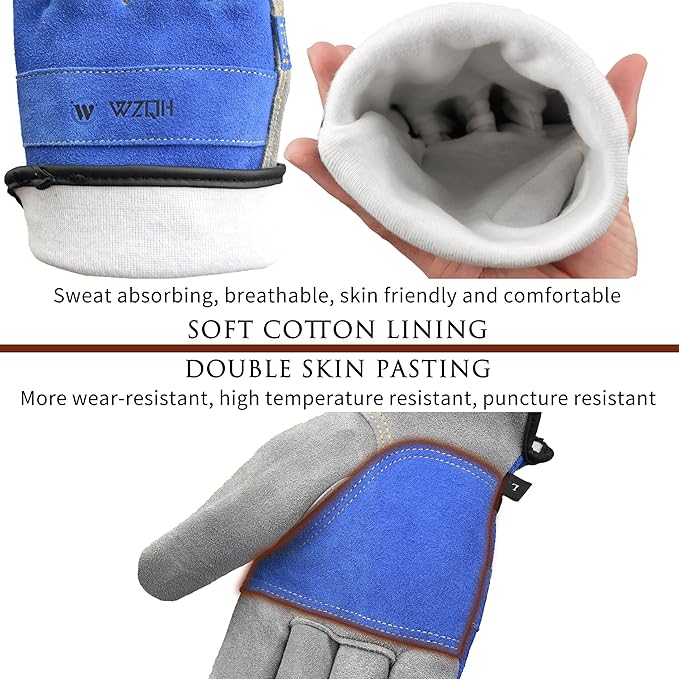 Leather Work Gloves for Men or Women. Medium Glove for Gardening, Tig/Mig Welding, Construction, Chainsaw, Farm, Ranch, etc. Cowhide, Cotton Lined, Utility, Firm Grip, Durable. Blue-Grey M