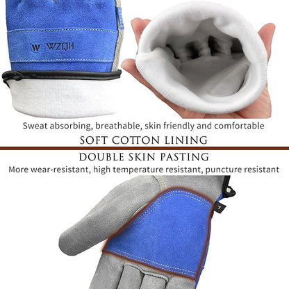 Leather Work Gloves for Men or Women. Medium Glove for Gardening, Tig/Mig Welding, Construction, Chainsaw, Farm, Ranch, etc. Cowhide, Cotton Lined, Utility, Firm Grip, Durable. Blue-Grey M