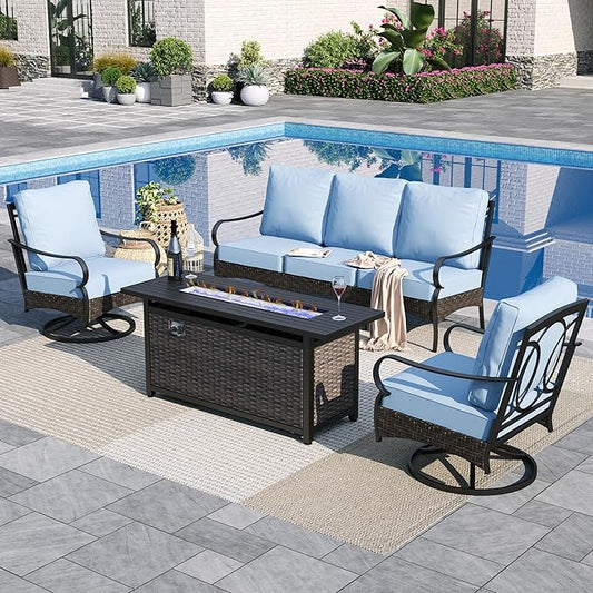 Sophia & William Patio Furniture Set with Fire Pit Table, 4 PCS Metal Outdoor Conversation Set with Fire Pit Table, 2 Swivel Chairs,3-Seater Couch for Outdoor Seating, Backyard, Porch(Blue)