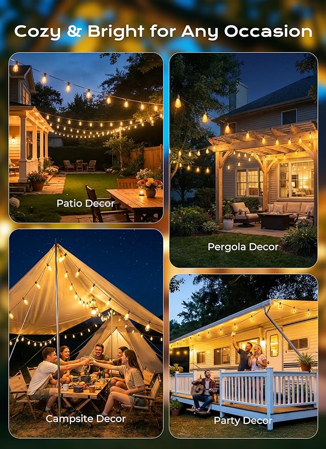 Brightown 52FT Solar String Lights Outdoor Waterproof, Patio Lights with Remote & Timer, USB/Solar Powered Dimmable Outdoor Lights, 15+1 LED Bulbs for Backyard Garden Camping Party - 26Hrs Runtime