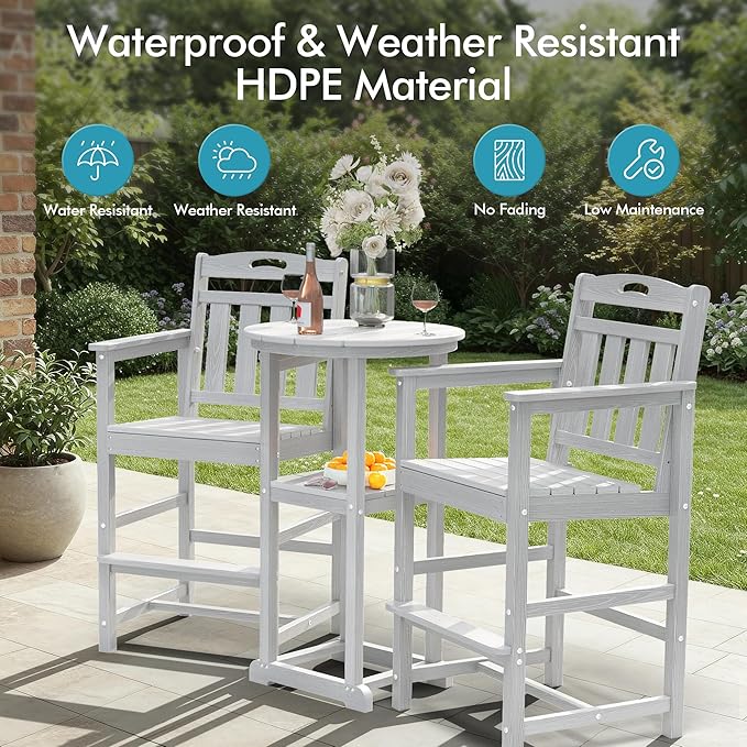 Ciokea Oversized Tall Bar Chair, HDPE Adirondack Outdoor Bar Chair with Footrest, All-Weather Barstool with High Back for Balcony, Bistro, Porch, Deck, Pool, Backyard, White