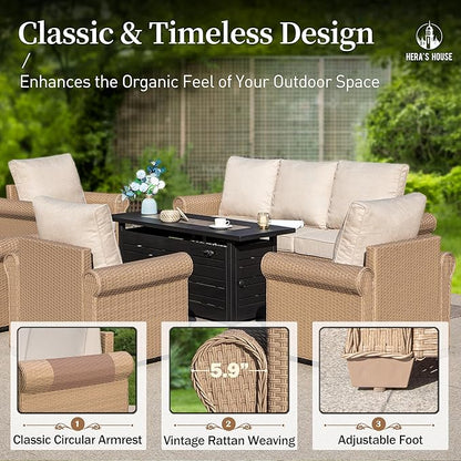 HERA'S HOUSE 6 Pieces Patio Furniture Sets, Outdoor Rattan Furniture with 5.5" Cushions, Oversized Outdoor Wicker Sectional Conversation Set for Lawn Garden Backyard, Beige