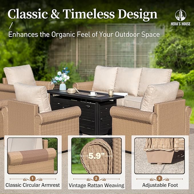 HERA'S HOUSE 8-Piece Patio Furniture Set, All Weather 9 Seats Outdoor Wicker Sofa with Ottomans, Rattan Patio Conversation Set with 5.5" Cushions and 57" Fire Pit Table, Beige