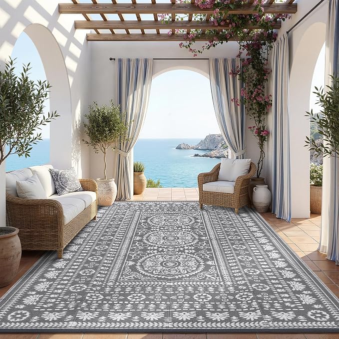 Garvee Reversible Outdoor Rug 9x18 for Patio, Waterproof Outdoor Area Rug, Modern Medallion Indoor Outdoor Rugs, Plastic Straw Rug for RV, Camping, Deck, Vintage Grey