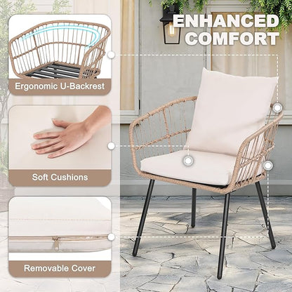 NUU GARDEN 3-Piece Outdoor Bistro Set, PE Wicker Chairs with Cushions and Slatted Metal Side Table, Patio Furniture Conversation Set for Porch, Backyard, Lawn, Poolside, Deck, Beige