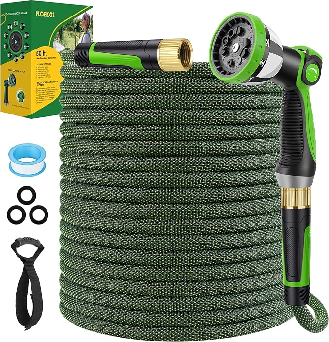 Non-Expandable Garden Hose 50 FT, Lightweight Hose with 10 Function Spray Nozzle, Kink-Free Flexible Water Hose, Durable, Leak-Proof, 360° Swivel Connectors, Portable Storage Strap
