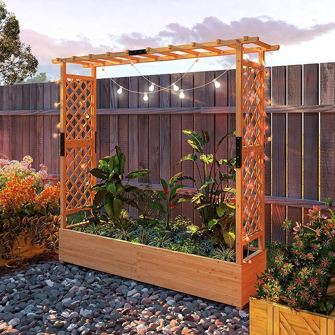 Outsunny Raised Garden Bed with Trellis, Wooden Planter Box with Hanging Roof and Drainage Holes, Outdoor Trellis Planter for Climbing Plants, Vegetables, Herbs and Flowers, 77.2" x 17.3" x 71.3"