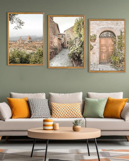 UPWOIGH Large Framed Canvas Wall Art, Set of 3 Italy Florence Travel Decor, 16x24in minimalist Natural Cotton Posters with Architecture, Tuscany Countryside, Farmhouse Aesthetic for Living Room,Office