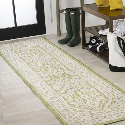 JONATHAN Y Medallion Weave Indoor Outdoor Runner Rug 2X10 Green/Cream, Sinjuri Textured for Backyard, Patio, Porch, Easy-Cleaning, High Traffic, Pet-Friendly, Non-Shedding (SMB101E-210)