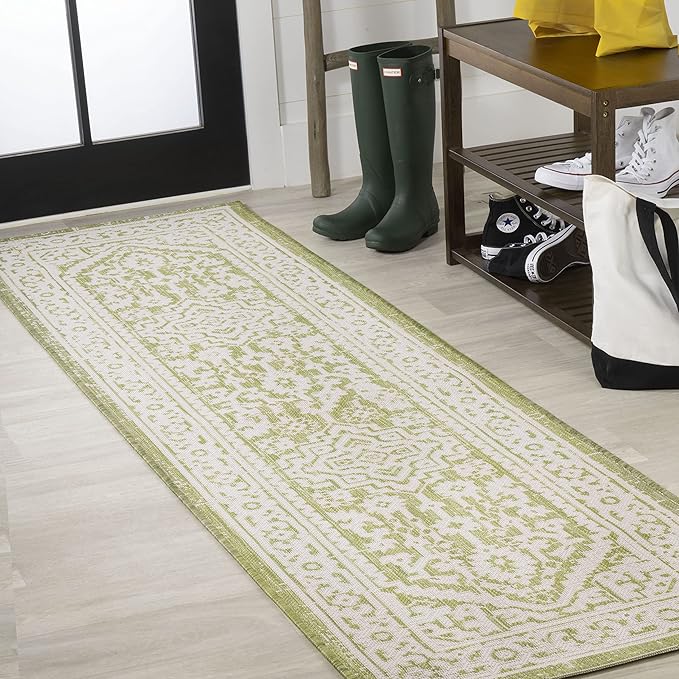 JONATHAN Y Medallion Weave Indoor Outdoor Runner Rug 2X8 Green/Cream, Sinjuri Textured for Backyard, Patio, Porch, Easy-Cleaning, High Traffic, Pet-Friendly, Non-Shedding (SMB101E-28)