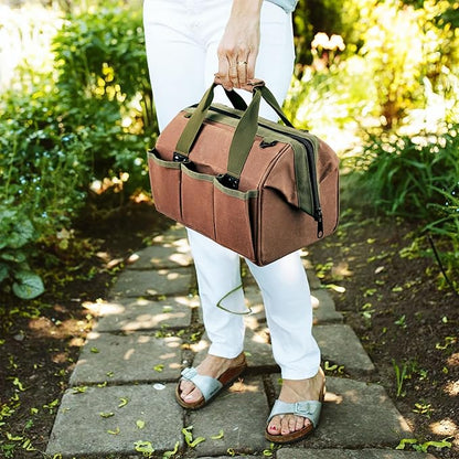 Waxed Canvas Tool Bag - 11.75” Heavy Duty Canvas Tote Bag Garden Caddy for Gardening Supplies or Tools with Wide Mouth 3 Interior and 3 Exterior Pockets - Gardening Gifts Men by Kings County Tools