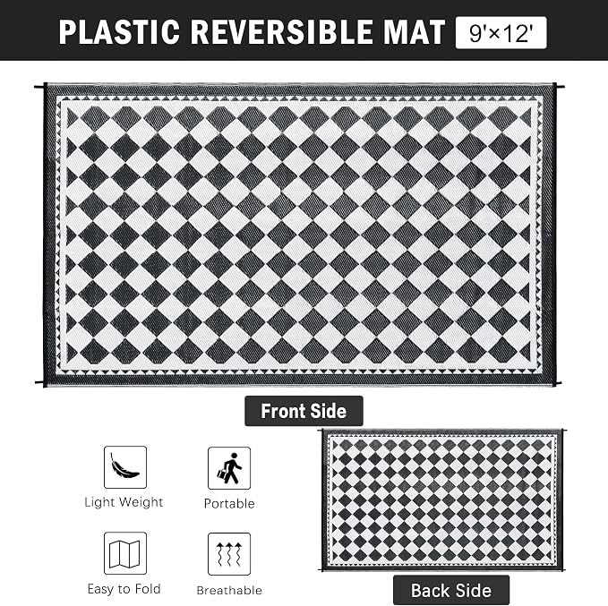 HUGEAR Outdoor Waterproof Rug 9'x12' Plastic Straw Rugs Washable Reversible Floor Mat Black/White Plaid Carpet for Camping RV Deck Entryance Porch Picnic Balcony Beach Backyard