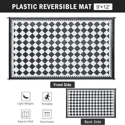 HUGEAR Outdoor Waterproof Rug 9'x12' Plastic Straw Rugs Washable Reversible Floor Mat Black/White Plaid Carpet for Camping RV Deck Entryance Porch Picnic Balcony Beach Backyard