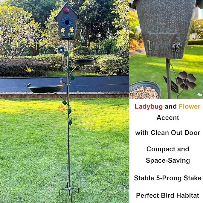 Metal Bird Bath Feeder and Bird House on Pole, 69.5" H Free Standing Bird Houses, Tall Cast Iron Bird Baths with 5-Prong Stake, Stylish Birdhouse with Birdbath Bowl for Outdoors Garden Yard Decor