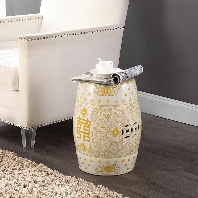 JONATHAN Y Double Happiness 18" Ceramic Garden Stool, Traditional Chinoiserie Yellow and White Indoor/Outdoor Patio Drum Accent Side Table and Plant Stand TBL1013B