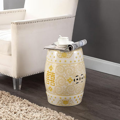 JONATHAN Y Double Happiness 18" Ceramic Garden Stool, Traditional Chinoiserie Yellow and White Indoor/Outdoor Patio Drum Accent Side Table and Plant Stand TBL1013B