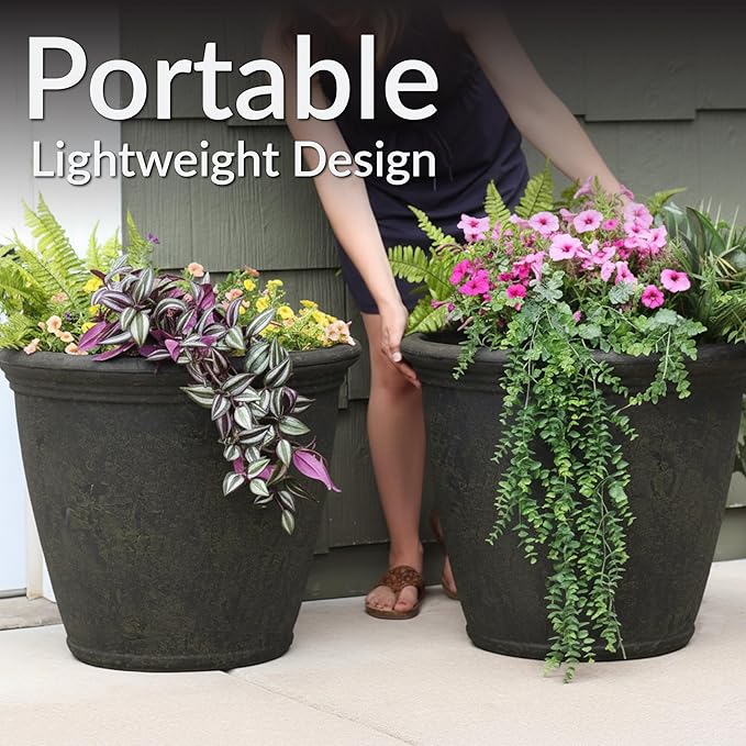 Sunnydaze 24-Inch Anjelica Large Plastic Pot for Plants - Double-Walled Outdoor Polyresin Round Planter Porch Pot with Drillable Drainage Holes - Sable - 4pk