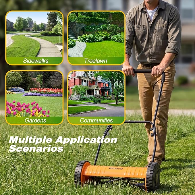Walensee Push Reel Lawn Mower, 14-Inch 5-Blade Cordless Manual Reel Lawn Mower, Walk-Behind Steel Lawn Mower with 4-Position Cutting Height Adjustment & Sponge Grip