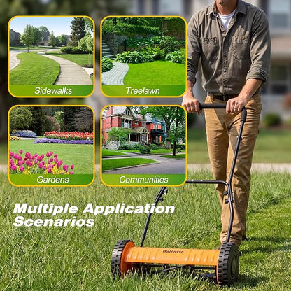 Walensee Push Reel Lawn Mower, 14-Inch 5-Blade Cordless Manual Reel Lawn Mower, Walk-Behind Steel Lawn Mower with 4-Position Cutting Height Adjustment & Sponge Grip