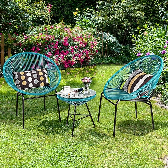 COSTWAY 3-Piece Outdoor Acapulco Chair Set, Wicker Conversation Bistro Sets with Plastic Rope, Glass Top Table, Patio Rattan Furniture Set for Garden, Balcony, Lawn, Backyard, Apartment, Turquoise