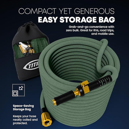 TITAN Flexible Garden Hose 65FT – Ultra Lightweight, Heavy Duty Water Hose with Brass Fittings & Jet Nozzle – Kink-Free, Non-Expanding, Durable Fabric Hose for Yard, Lawn, Car Wash, Outdoor Use