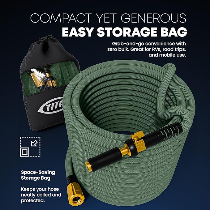 TITAN Flexible Garden Hose 50FT – Ultra Lightweight, Heavy Duty Water Hose with Brass Fittings & Jet Nozzle – Kink-Free, Non-Expanding, Durable Fabric Hose for Yard, Lawn, Car Wash, Outdoor Use