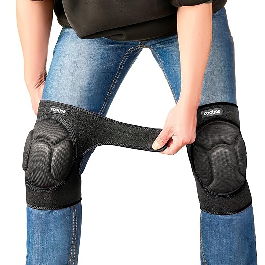 COOLJOB Men Women Knee Pads for Gardening House Working, Floor Cleaning and Construction, Durable Breathable Kneeling Cushion with Thick EVA Foam Padding and Adjustable Non-Slip Straps 1 Pair Black