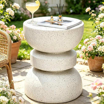 18" Outdoor Side Table, Modern Hourglass Garden Stool in Painted Faux Terrazzo-Look, Patio Coffee Accent Table Decorative, Durable Weatherproof MGO & Easy Assembly Round Table for Room Porch