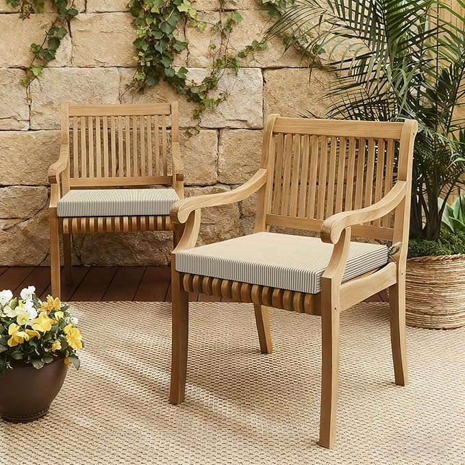LVTXIII Outdoor Seat Cushions Set of 4 Square Corner Chair Cushions with Ties, Patio Chair Pads for Home Office and Patio Garden Furniture Decoration 19"x19"x2", Strip Beige