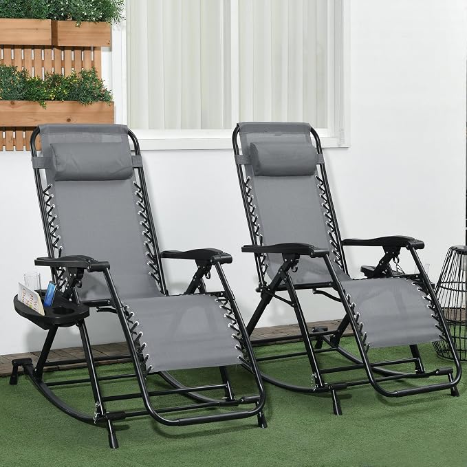 Outsunny Set of 2 Outdoor Rocking Chairs, Foldable Reclining Zero Gravity Lounge Rocker with Pillow, Cup & Phone Holder, Combo Design with Folding Legs, Gray