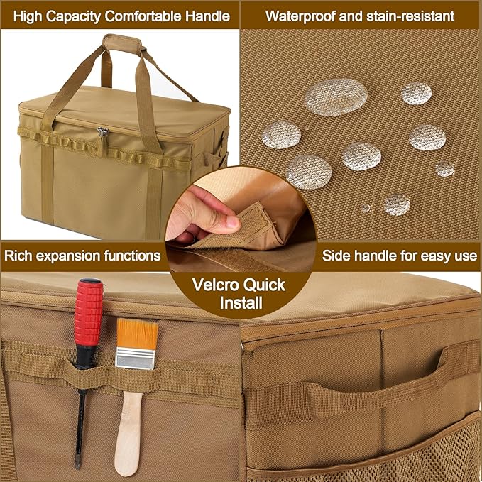 Tactical Camping Storage Bag, Utility Camping Tote Kitchen Organizer Storage Box, Trunk Organizer with Shoulder Strap,Outdoor Garden Tool Bag for Camping, Travel, Picnic (03-khaki)