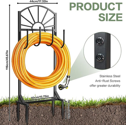 Garden Hose Holder, Upgraded Metal Water Hose Holder with 4 Hooks, Freestanding Heavy Duty Hose Hanger Stand Holds 150 FT Hoses, Detachable Hose Storage Rack for Outside Yard Lawn Farm (Black, Sun)