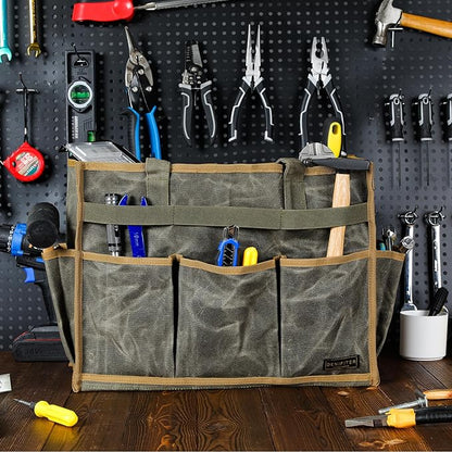 Canvas Large Tool Bag - A Large Main Pocket and 14 Insert Pockets - Durable 16oz Waxed Canvas Tool Case with Handle - 16.5 X 7 X 12 inch | ArmyGreen