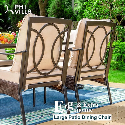 PHI VILLA Outdoor Dining Chairs Set of 2, Heavy Duty Outdoor Metal Wicker Dining Chair with Padded Cushions, Large All Weather Wrought Iron Patio Chair for Balcony