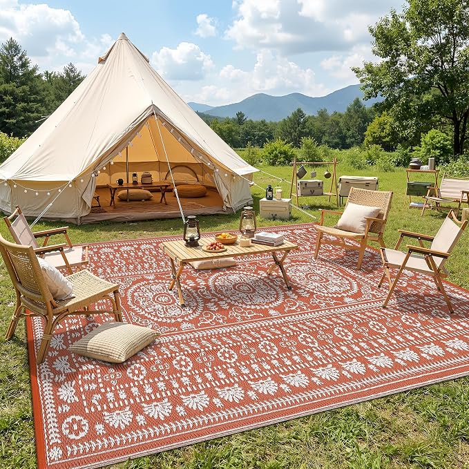 Garvee Reversible Outdoor Rug 9x18 for Patio, Waterproof Outdoor Area Rug, Modern Medallion Indoor Outdoor Rugs, Plastic Straw Rug for RV, Camping, Deck, Vintage Terracotta