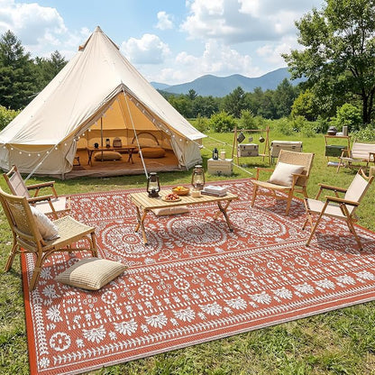 Garvee Reversible Outdoor Rug 9x18 for Patio, Waterproof Outdoor Area Rug, Modern Medallion Indoor Outdoor Rugs, Plastic Straw Rug for RV, Camping, Deck, Vintage Terracotta