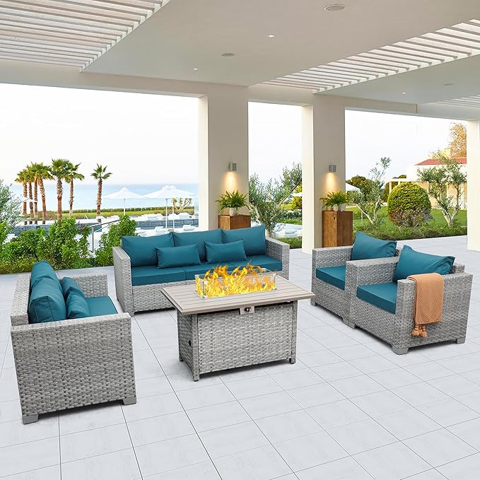 WAROOM Patio Furniture Set 5 Piece Grey Wicker Outdoor Furniture with Fire Pit Table, Patio Sectional Sofa Couch Sets Backyard Deep Seating PE Rattan Chairs, Peacock Blue Cushion