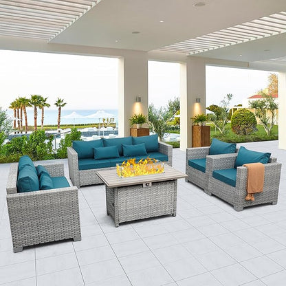 WAROOM Patio Furniture Set 5 Piece Grey Wicker Outdoor Furniture with Fire Pit Table, Patio Sectional Sofa Couch Sets Backyard Deep Seating PE Rattan Chairs, Peacock Blue Cushion