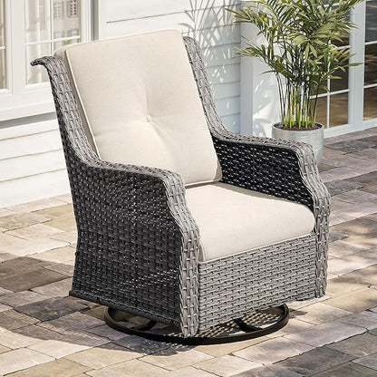 Swivel Patio Chair Outdoors - 360 Degree, Set of 2, Glider Chair with 3.5" Olefin Fabric Cushions (Mixed Grey Rattan/Beige)