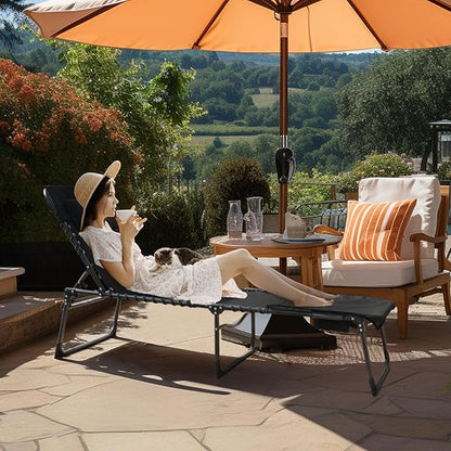 MUPATER Patio Chaise Lounge Chair for Outdoor with Face Hole, 4-Fold Ajustbale Backrest, Removable Pillow and Detachable Pocket, Portable Sun Lounger Recliner for Beach, Camping and Pool, Black