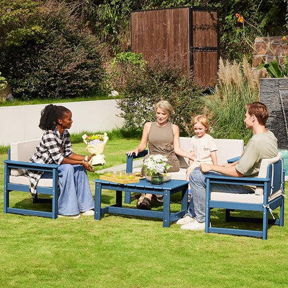 SERWALL 2 Pieces Single Cushioned Lounge Chair, Blue HDPE Outdoor Adirondack Sofa Armchair with Khaki Cushion