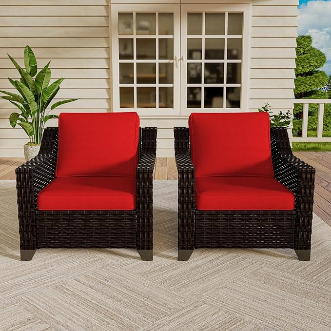 VistaVibe 2 Pieces Outdoor Armchairs, Patio Conversation Furniture Set, Washable Cushions, Luxurious Hand-Woven PE Rattan, Garden, Bistro, Deck, Backyard (Brown/Red)