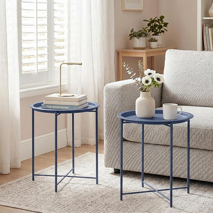 VECELO Side/End Table, Folding Round Metal Anti-Rust and Waterproof Outdoor or Indoor Tray for Living Room Bedroom Balcony and Office, 1 PCS, Blue