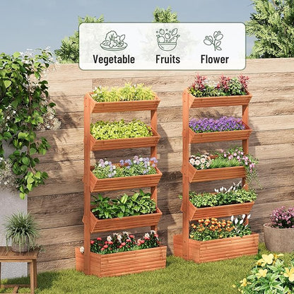 Vertical Wooden Raised Garden Bed, Garden Planters Freestanding Wood Plant Stand Flower Rack Wooden Planter Box for Plants Herbs Flowers Vegetables Outdoor Indoor Gardening (5-Tier Brown)
